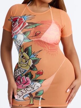 Ed Hardy Orange Sheer Tattoo-Print Swim Coverup